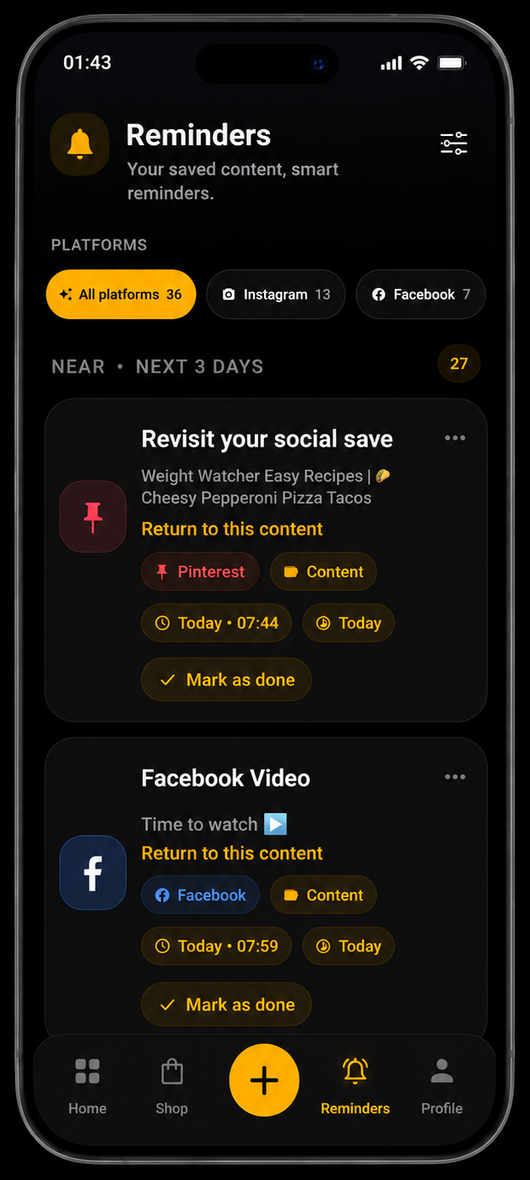 AuraCache reminder screen showing link organization with timed reminders and categorized saved content