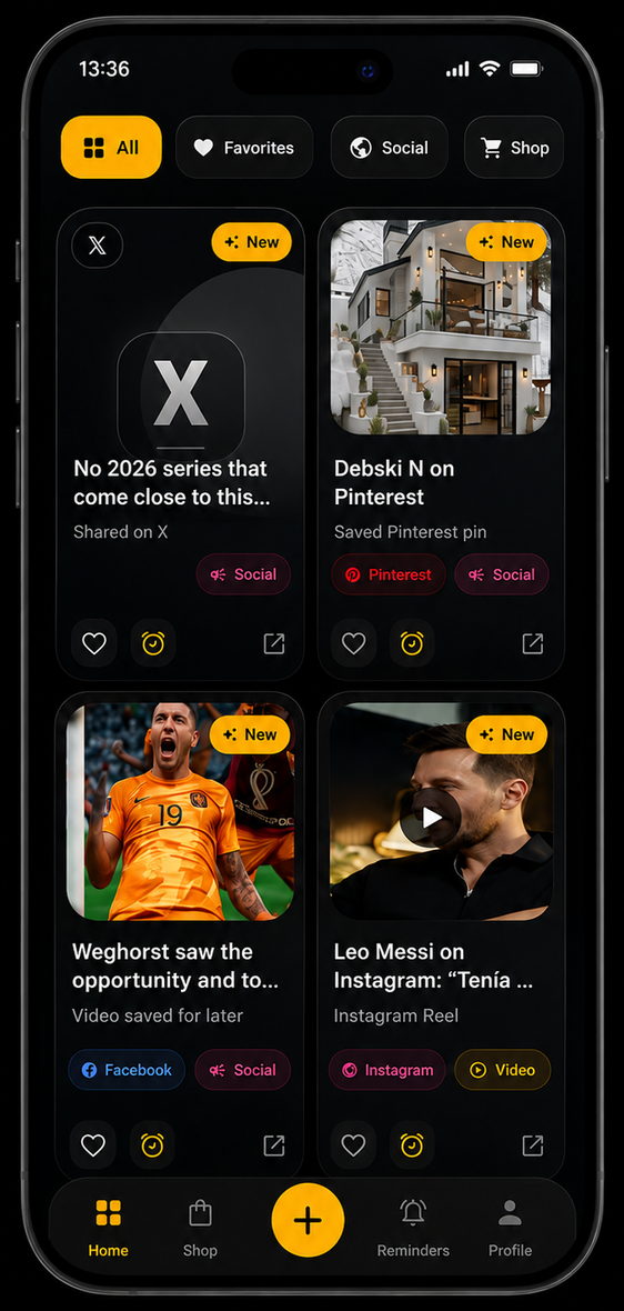 AuraCache home screen displaying saved links organized in visual folders with recent saves and platform categories