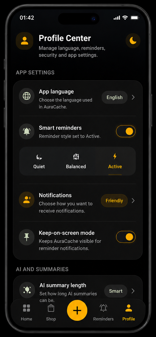 AuraCache profile settings screen with language, reminders, notifications, and privacy controls