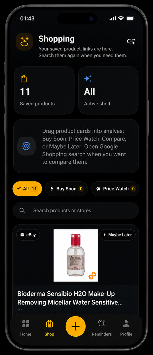 AuraCache shopping screen with product links organized in shelves for comparing and buying later
